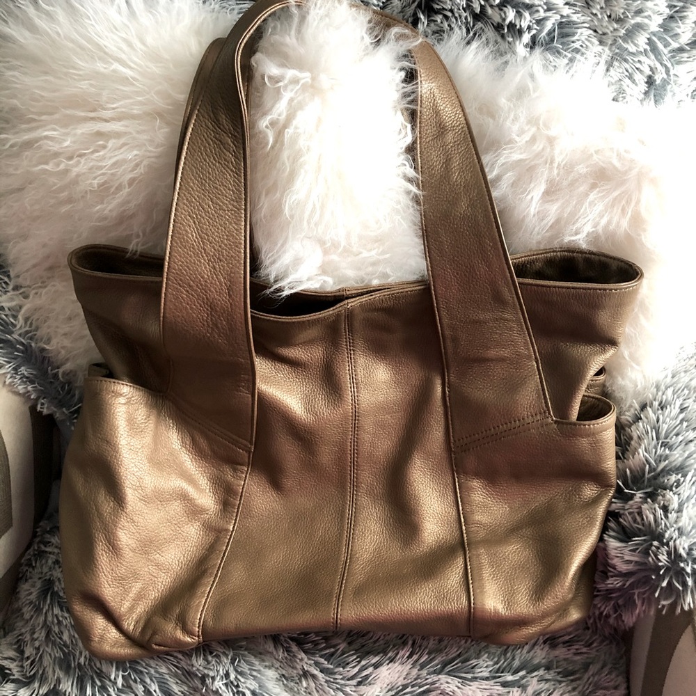 Gold leather shoulder bag from Garnet Hill